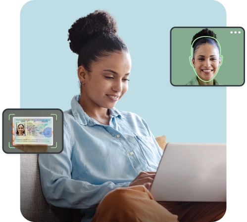 Photo of woman using laptop with illustrations depicting the process of scanning her ID and face to prove her age online