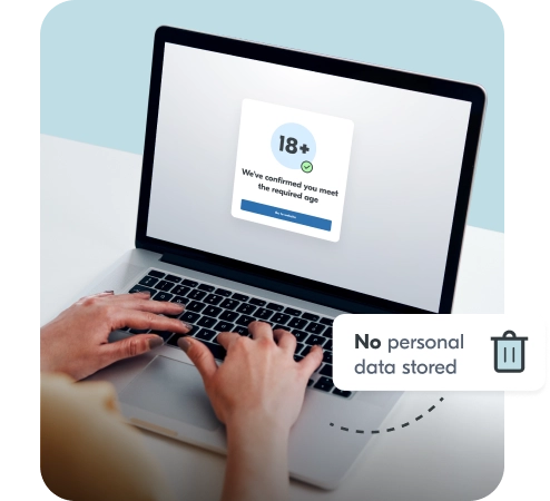 Laptop screen showing age result (18+) with no personal data stored
