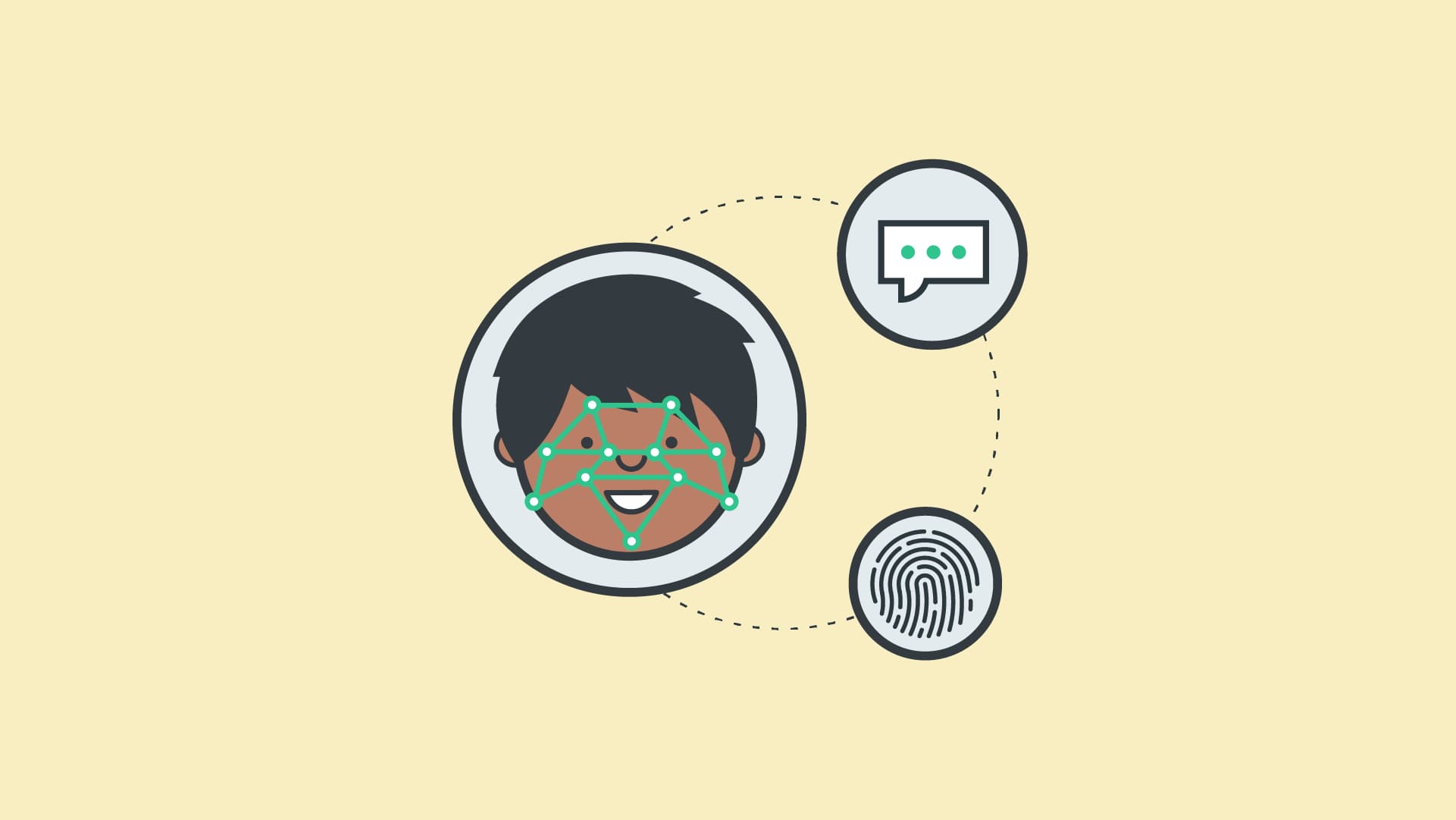 Biometrics illustrations: face, voice and fingerprint