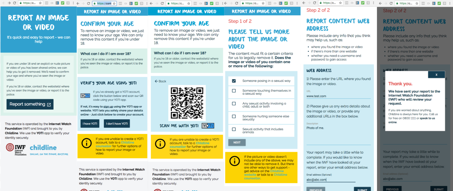 A selection of screens showing the user flow of Childline's report remove tool