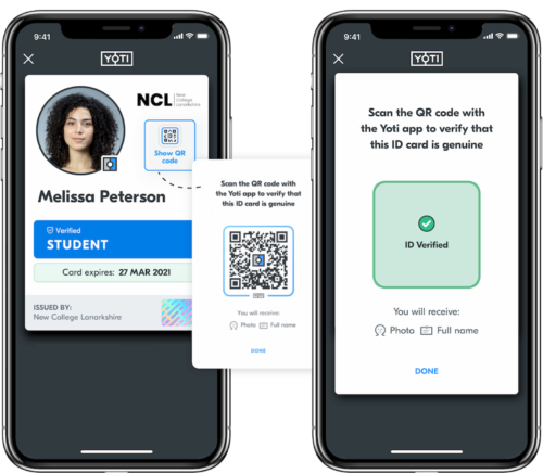 Student card on digital ID, with a screen showing how to verify via a QR code scan