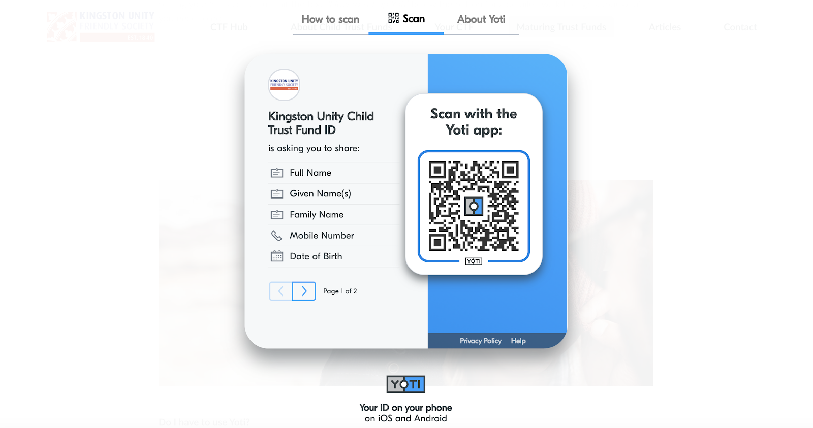 Screen showing a Yoti share screen with a QR code for the user to scan with the yoti app in order to share the requested identity details
