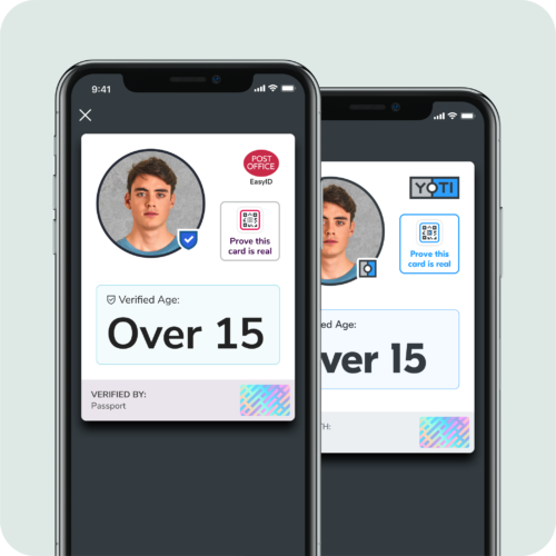 2 screens showing "over 15"m cards in the Yoti and Post Office EasyID apps
