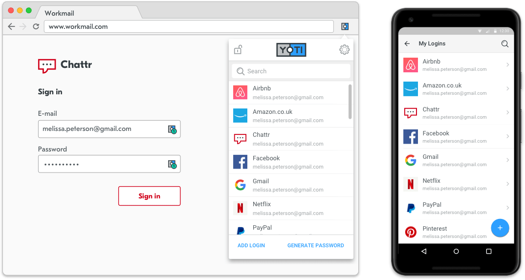 Screens illustrating the yoti password manager browser extension