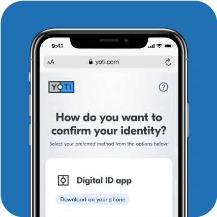 Phone screen with yoti.com identity verification open