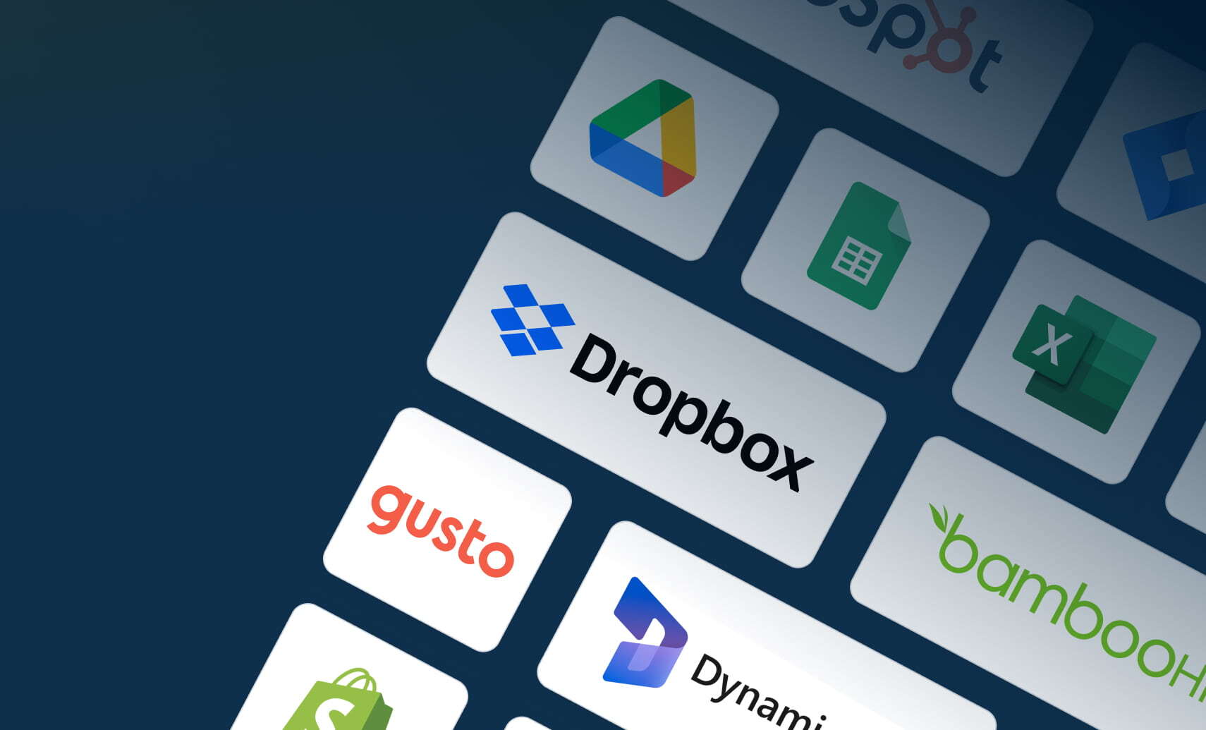 Tiles of logos on a dark blue background including dropbox, gusto and google drive among others