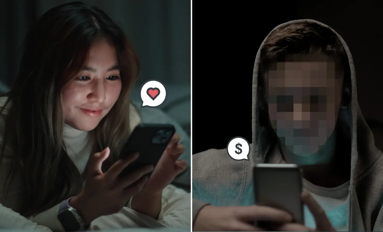 A young woman chatting on the phone, falling victim to a romance fraud online