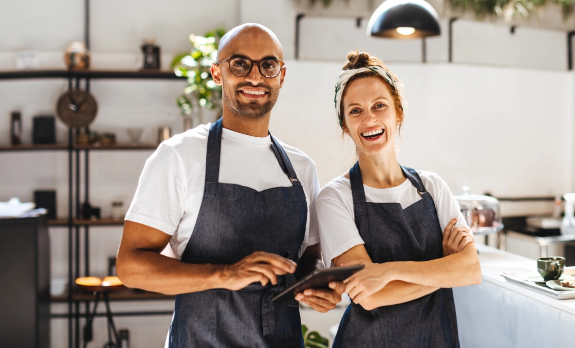 Man and woman wearing aprons in hospitality work environment