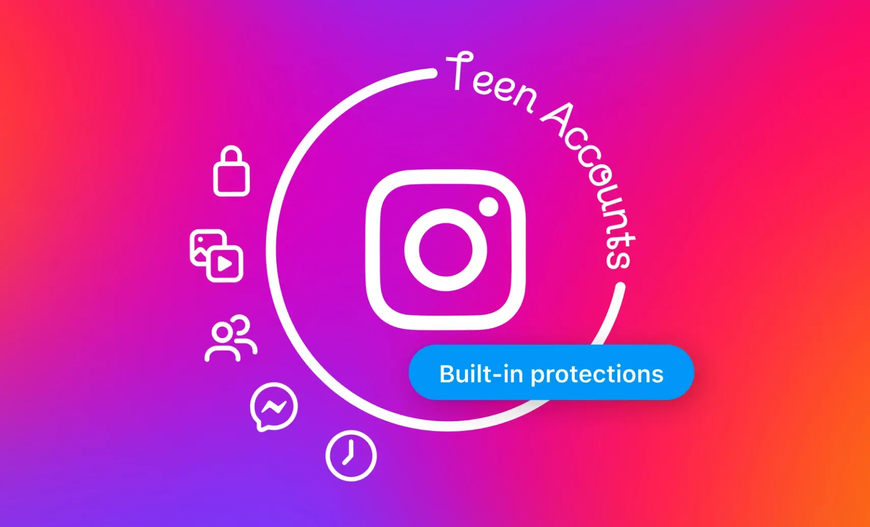 An image of the Instagram icon with the words "Teen Accounts" written around it. To the bottom left of the image are five icons: a padlock, a photo and video icon, two people, a messaging icon and a clock.