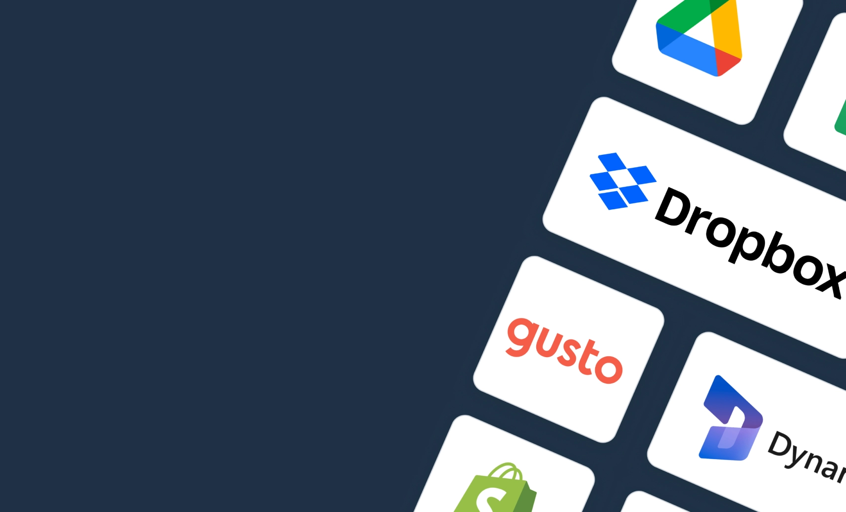 Logo tiles for Google Drive, dropbox, gusto, shopify and more skewed across a dark background