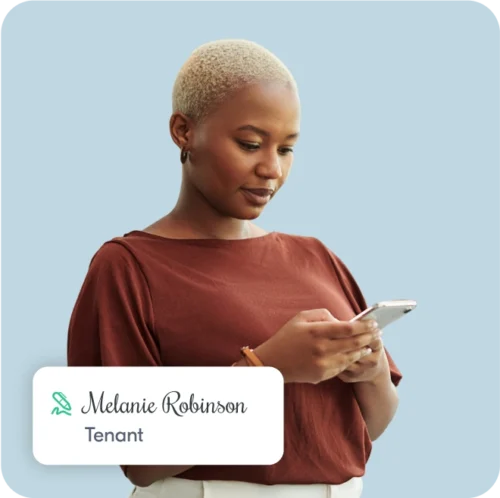 A woman, Melanie Robinson, esigning a document as the tenant from her phone