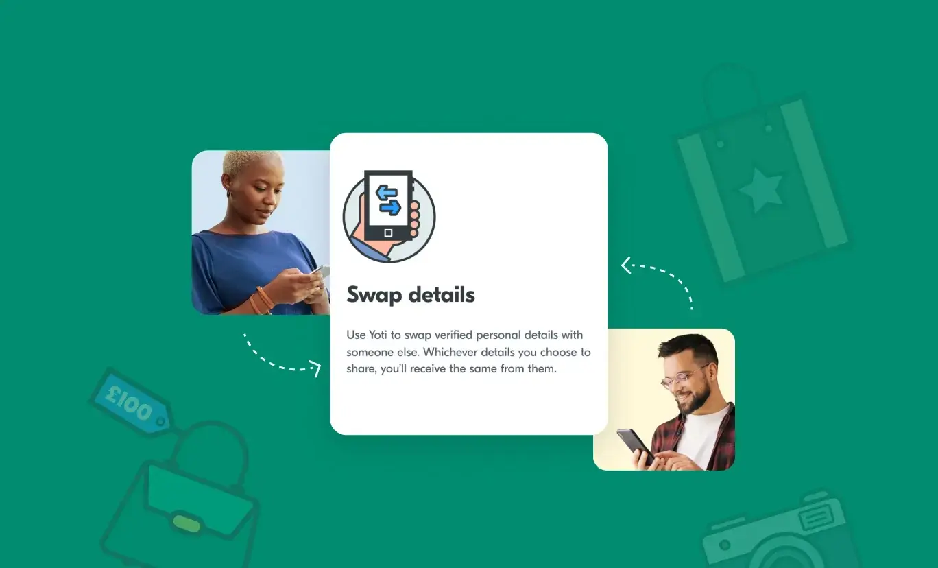 Shop with confidence: protect yourself on secondhand platforms with peer to peer checks Two people swapping their verified details using their Yoti ID app