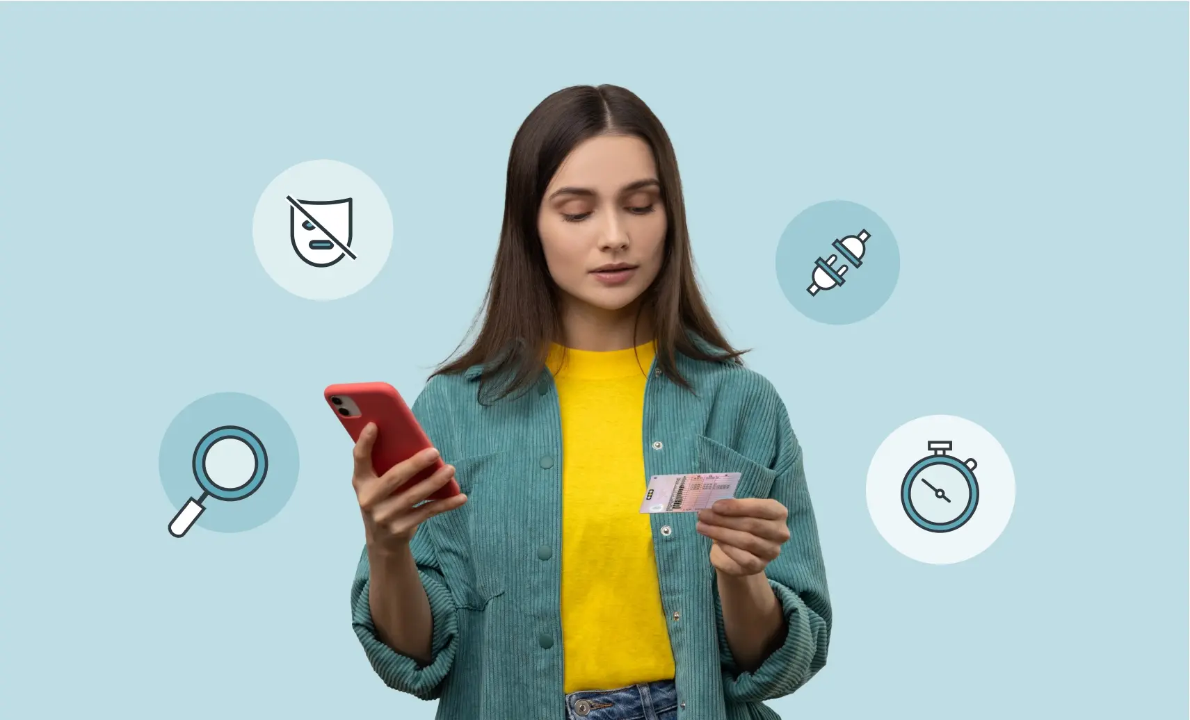 Image of a woman using her smartphone to verify her identity with a driving licence. Small illustrations around her represent security, speed, seamlessness and accuracy.