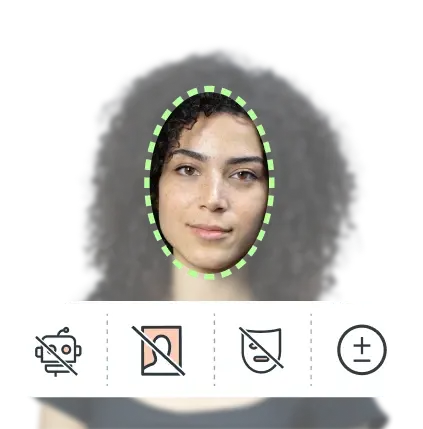 Image of woman doing liveness. Icons showing they are not a bot, using a printed image or a mask
