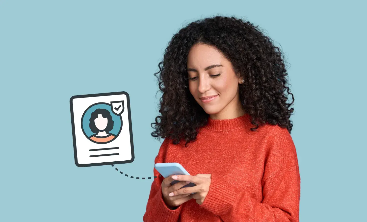An image showing a woman using her mobile phone. An illustration shows that the owner of the account matches the person who attempting to log into it.