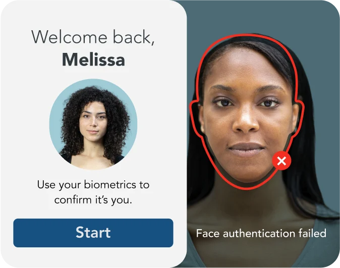 Image of Identity verification screen asking for a biometric verification, side by side with a failed face authentication screen.