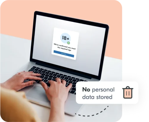 Laptop screen showing 18+ verified age message. No personal data stored.
