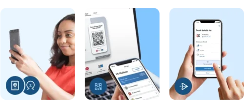 Three images showing how Digital ID works. First image shows a women taking a photo of her face. Second image shows a laptop with a Yoti share QR code and the Yoti app. Third image shows the details being shared.