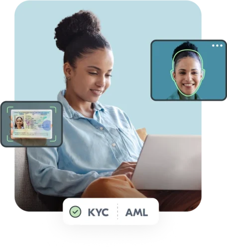 Young woman using her laptop to do KYC verification. Image of her face and document being captured for verification.
