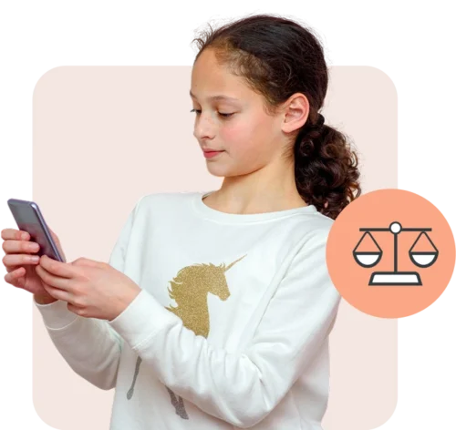 Child using a mobile phone with a scale icon on the side