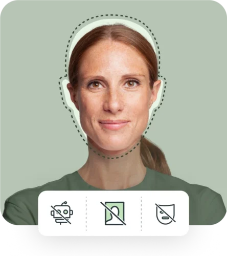 Image of a woman with symbols demonstrating they are not a bot, using a printed photo or a mask