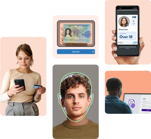 Images of people using Yoti products, such as adding an identity document, doing liveness, and showing verified age.