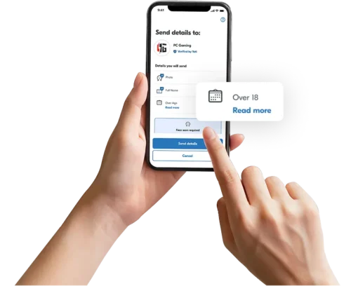 Digital ID app screen of sending Over 18 details to prove age.