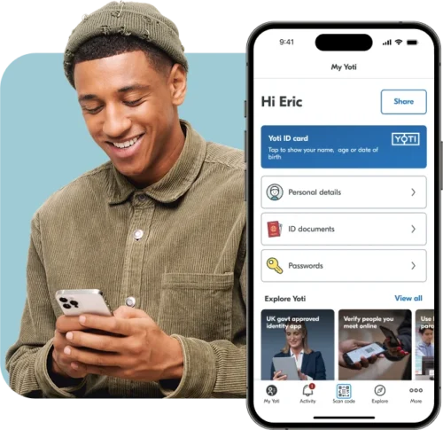 Man smiling while using a mobile phone. Image of Yoti ID app home screen.