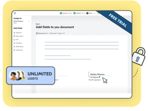 Laptop screen showing Yoti sSignatures screen with free trial label. Unlimited users.