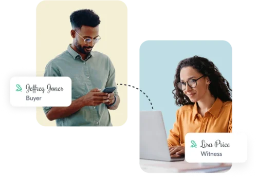 Image showing a Buyer and a Witness signing their document in mobile and laptop