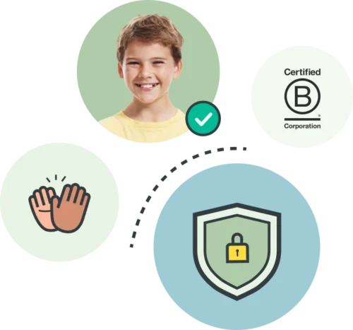 High five illustration, BCorp logo, security shield and boy smiling