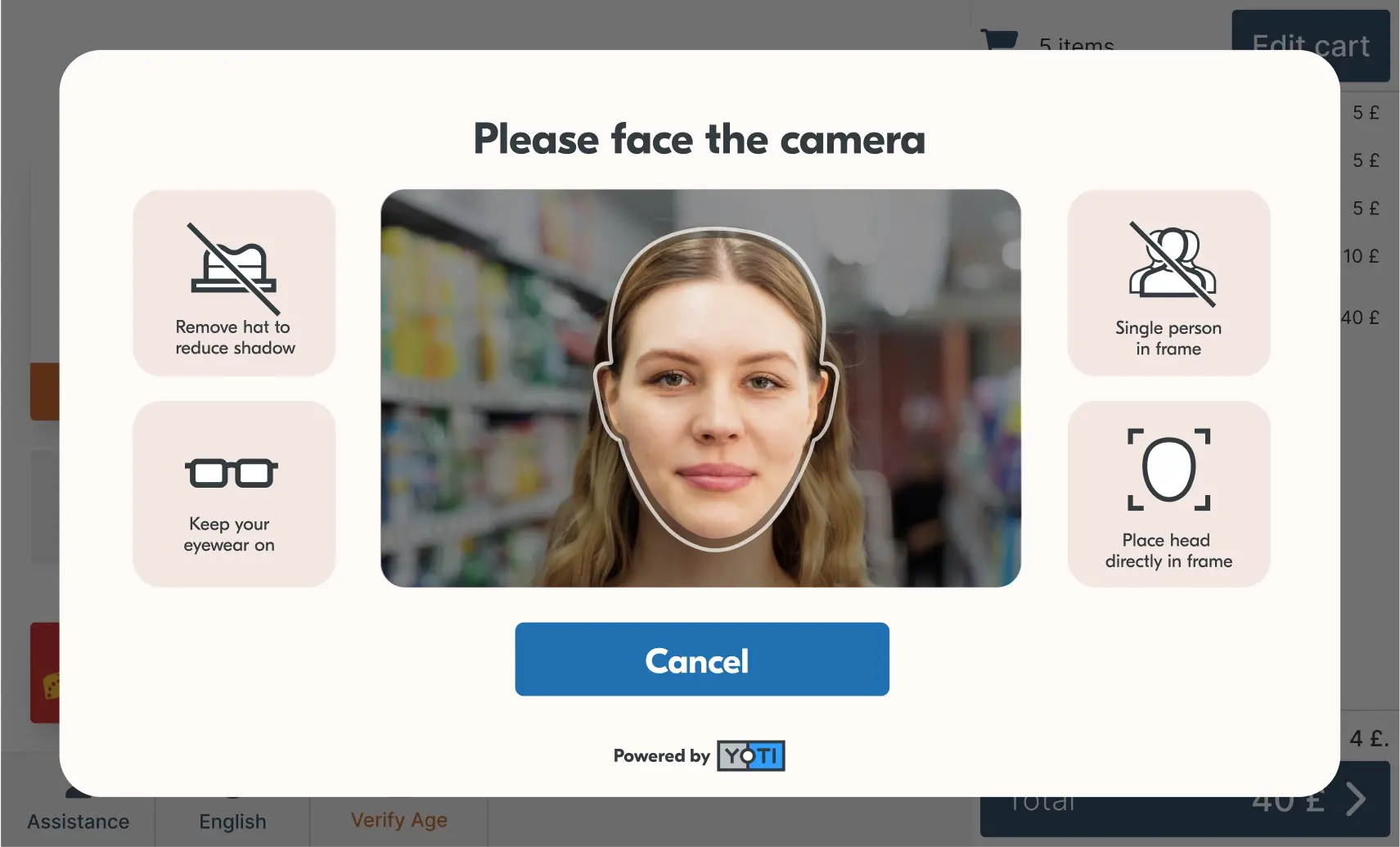 Woman using facial age estimation technology at a self-checkout