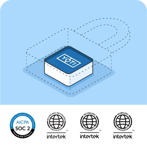 Illustration with Yoti logo inside a secure lock. AICPA SOC2, ISO9001:2015, ISO27001:2013 and ISO27701:2019 logos