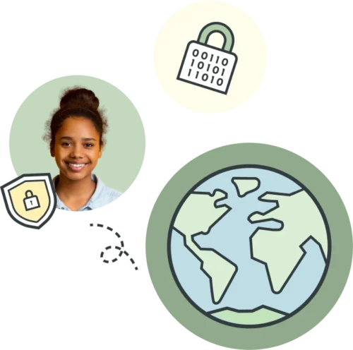 Illustrations representing encrypted information, a safe person and a safe world