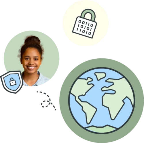 Illustrations representing encrypted information, a safe person and a safe world