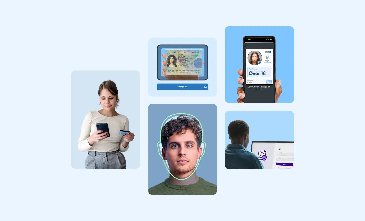 An collection of images displaying the different ways that you can prove your age. The images shown represent facial age estimation, Digital IDs, age checks with an ID, credit card checks and checks using a third-party provider.