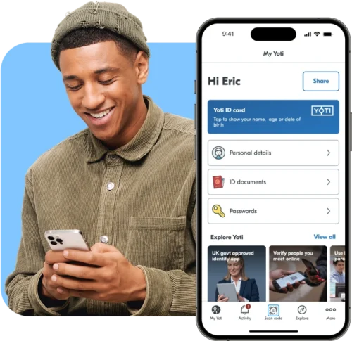 Man using his phone overlayed with an image of the Yoti ID home screen