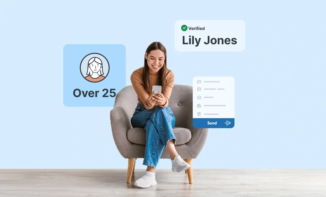 An image of a young woman sitting on a chair and using her mobile phone. Surrounding her are illustrations showing various features of the Yoti Digital ID app, such as an option to share her verified details and an 'over 25' proof of age status.