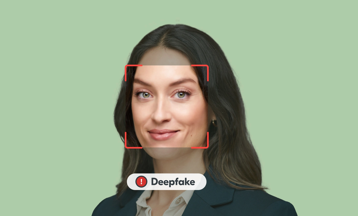 An image of a woman looking directly at the camera. A guide over her face indicates that the image is a deepfake.