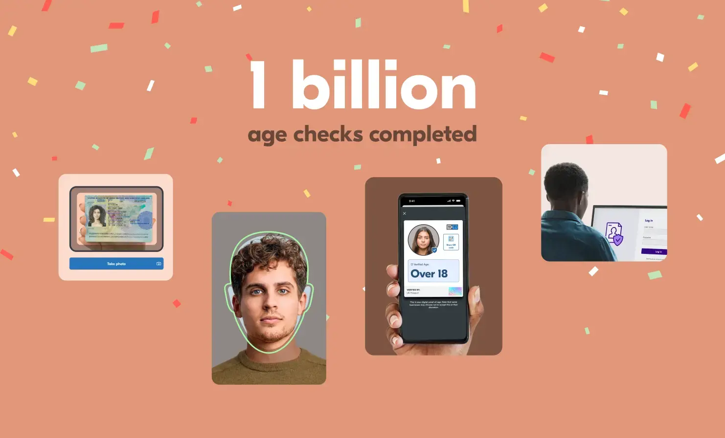 An celebratory image which says "1 billion age checks completed". Underneath the text are images representing the different types of age checks that Yoti offers such as facial age estimation, Digital IDs and identity document checks.