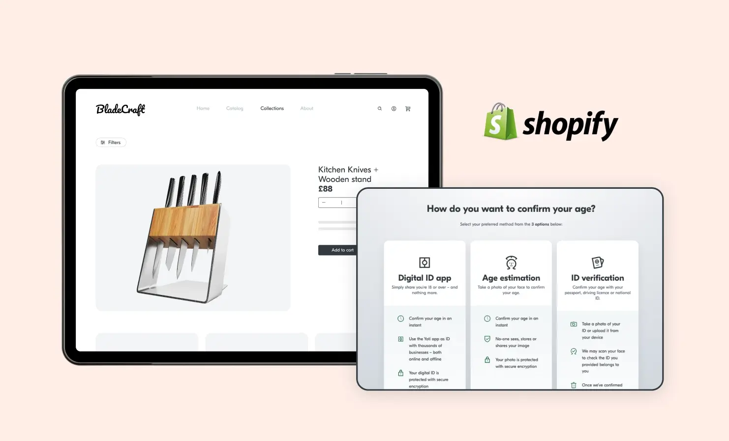 A screen showing a Shopify site selling knives. An additional screen shows the different ways that customers can prove their age.