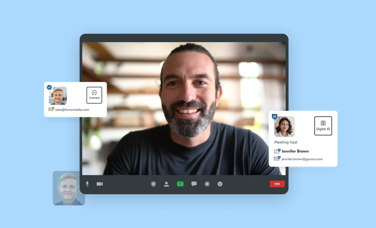 An image of a laptop screen displaying a Yoti Verified Call. Icons surrounding the main screen show the verified identities of each attendee.
