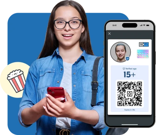 Girl using her 15+ showable age card to see a film at the cinema