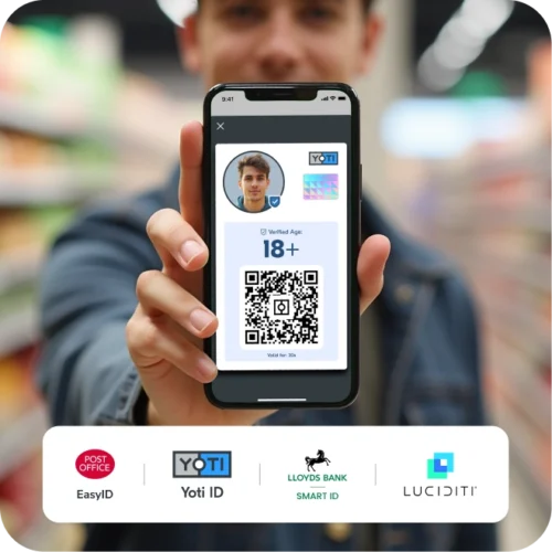Young person showing their digital ID showable card overlayed with EasyID, Yoti ID, Lloyds bank smart ID and Luciditi logos