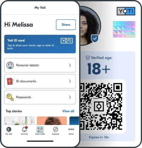 Yoti ID home screen and showable card screen