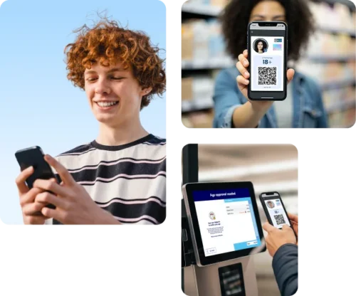 Boy looking at phone, girl showing 18+ age card, Digital ID at self-checkout
