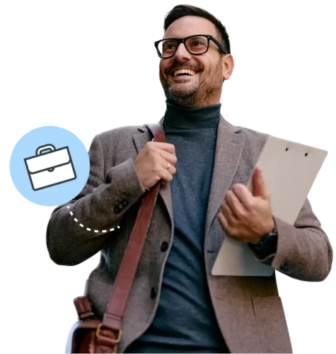 Man smiling while carrying satchel and clipboard