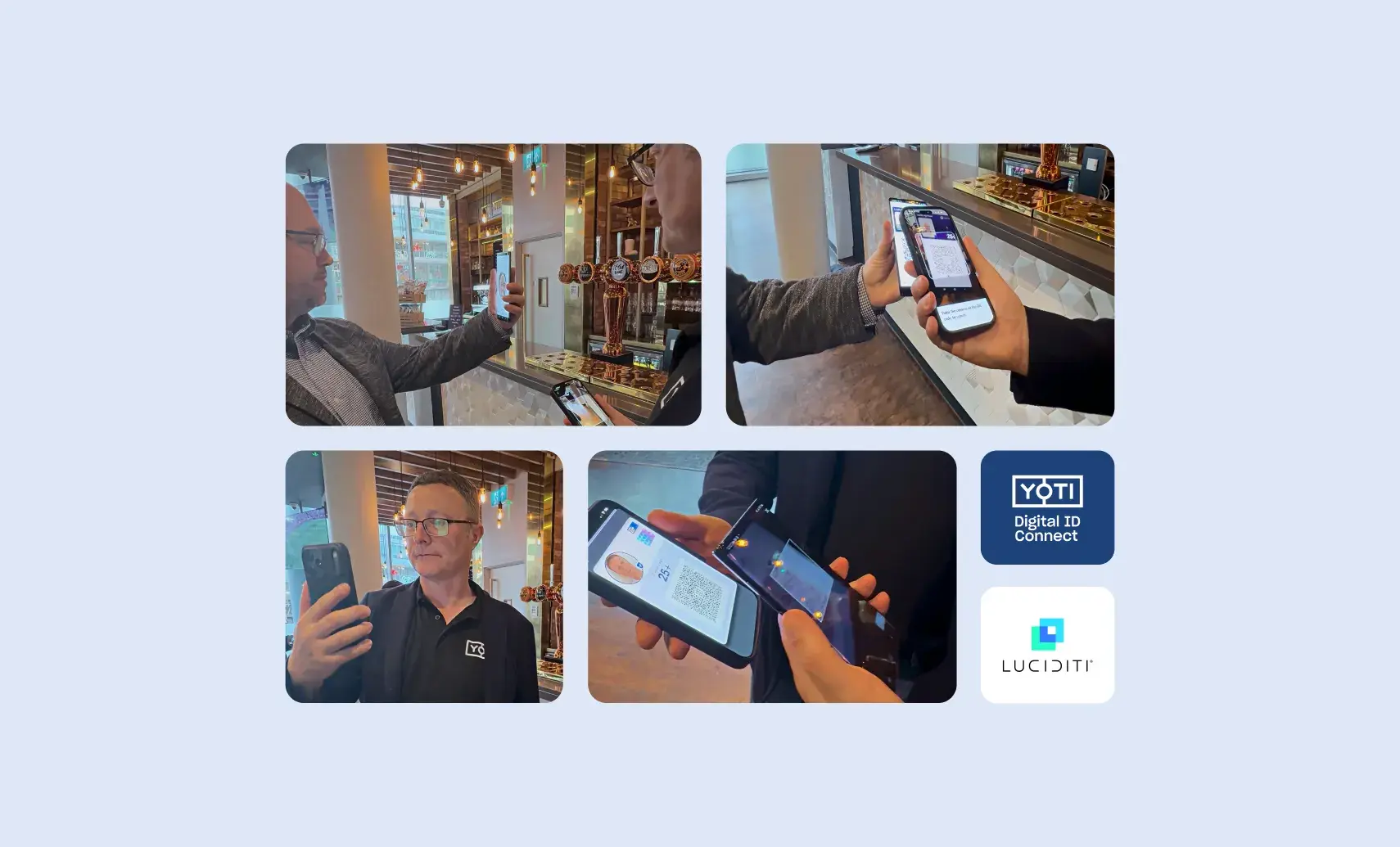 A selection of images showing the various stages of using the ID Checker app to verify a customer's Digital ID when proving their age.