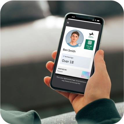Smartphone screen open on the Lloyds bank smart ID showable age card