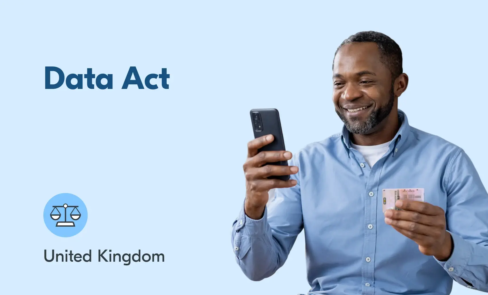 Understanding the UK’s new Data Act Image of a man holding his mobile phone in one hand and a driving licence in the other hand. The accompanying text reads "Data Act - United Kingdom".